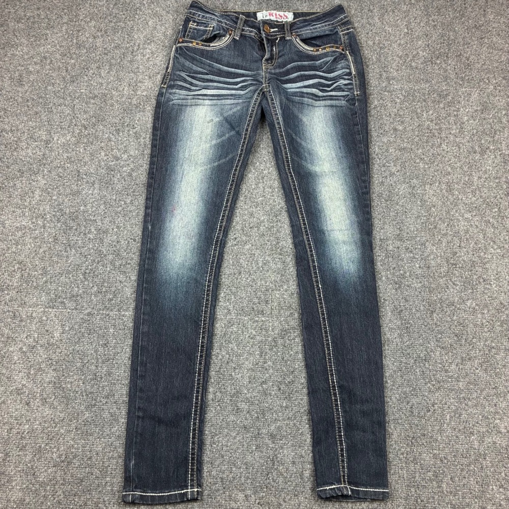 1st Kiss Womens Skinny Jeans Dark Wash Studded Low Rise Womens Size 1 28x30